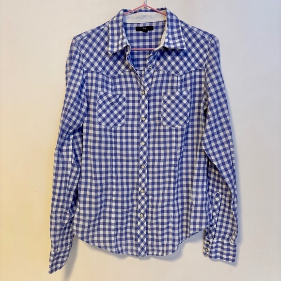 GAP Collared Snap Button Down Blouse Shirt Top Blue White Checkered Plaid Size M - Picture 1 of 3